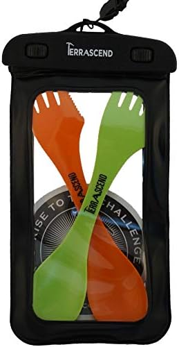 TerrAscend Duo Sporks w/Waterproof Phone Pouch from Two Lightweight Camping Sporks Made of Tritan Material Packaged in a Touch Sensitive TPU Material Waterproof Pouch with Black Trim.