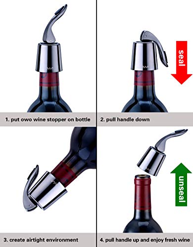 OWO Wine Stopper with Stainless Steel, Wine Preserver, Rose Gold Decorative Wine Saver Vacuum Plug with Silicone, Expanding Beverage Bottle Stopper, Reusable Wine Cork Keeps Wine Fresh (Metal Black)