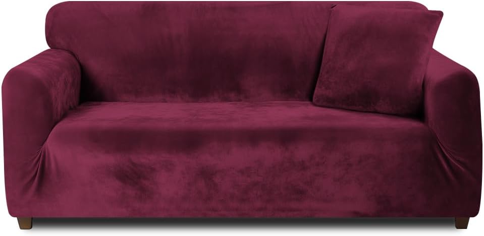 Teynewer Thick Velvet Sofa Cover 4 Seater Red High Stretch Non Slip