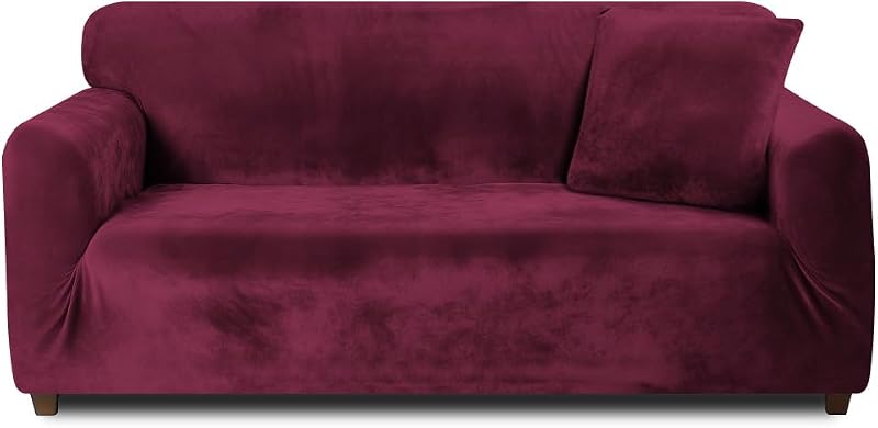 Teynewer Thick Velvet Sofa Cover 4 Seater Red High Stretch Non Slip