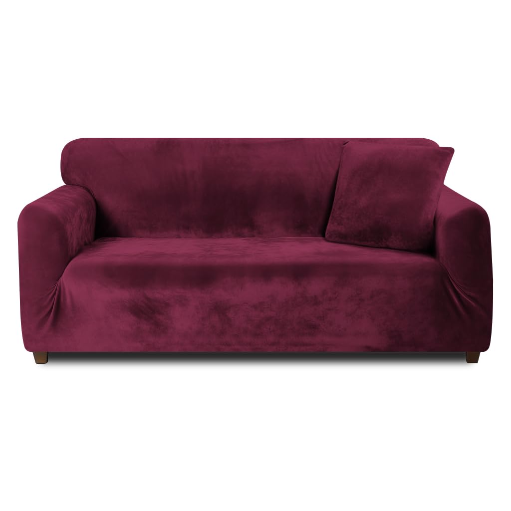 Teynewer Thick Velvet Sofa Covers 1 2 3 4 Seater High Stretch Non-Slip Couch Cover Elastic Furniture Protector Plush Sofa Slipcovers with 1 pillowcase for Living Room Dogs Cat Pet (2 Seater, Red)