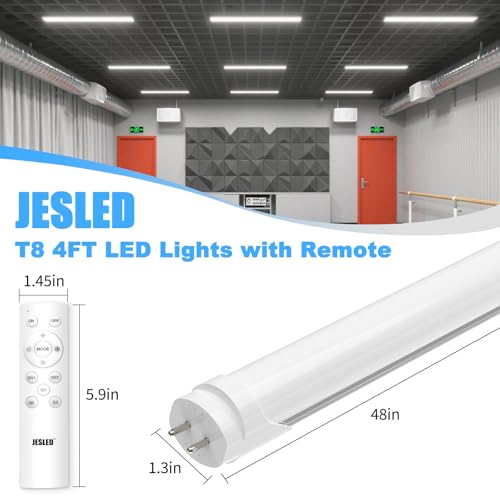 JESLED T8 T12 LED Tube Light Bulbs 4FT with Remote, Type B, 3200LM, 24W, Dimmable 4 Foot Fluorescent Tube Replacement, 3000K-6500K Adjustable Color Temperature, Ballast Bypass, Dual-Ended, ETL, 4-Pack