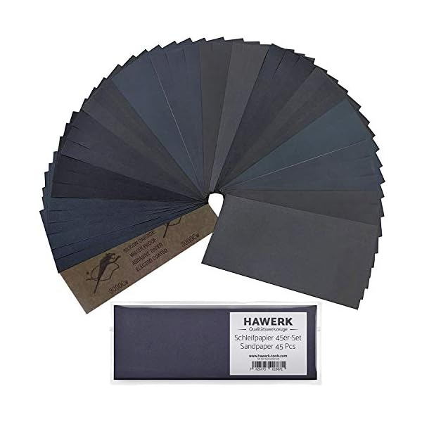 HAWERK Profi Schleifpapier Set | 80-3000 KÃ¶rnung, 45 StÃ¼ck | Nass und Trocken | Schleifpapier fÃ¼r Holz, Metall, Auto, Lack, HolzmÃ¶bel, Stein, Lack, Glas | Nassschleifpapier, Sandpapier Set