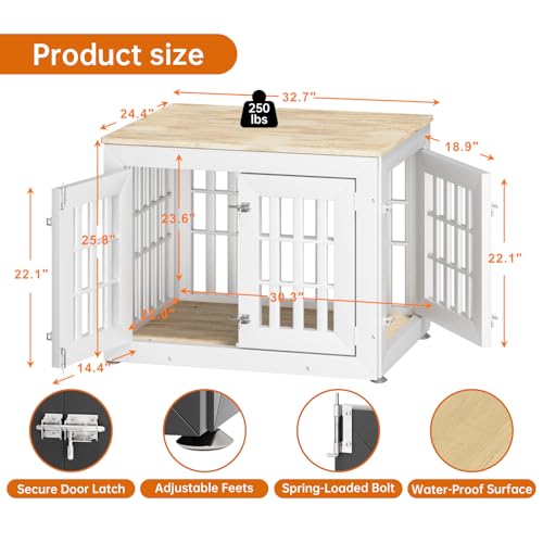 32" Heavy Duty Dog Crate Furniture for Small,Medium and Large Dogs,Rustic Wooden Dog Cage Kennel Indoor Furniture with Waterproof Top,Decorative Pet House Side End Table (White & Wood)