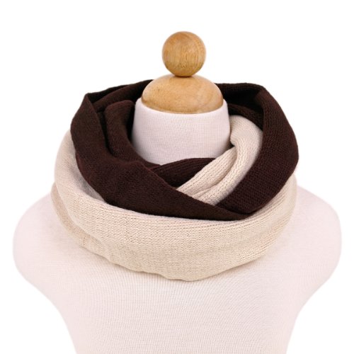 Two-Tone Half/Half Winter Knit Warm Infinity Circle Scarf, Brown/Cream