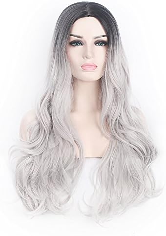 Yesui30.5" 75cm Cosplay Wig Silver Gray Ombre Wigs Dark Roots Long Curly Synthetic Hair for Women with Wig Cap