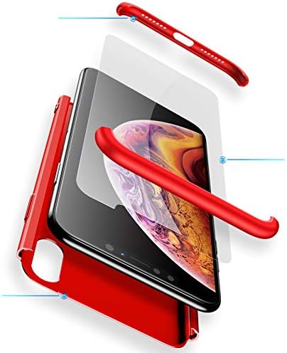 2ndSpring Xiaomi Redmi Note 5 Pro Case, Redmi Note 5 Pro Cover 3in1 360 Degrees Full Body Plastic Hard Skin Shockproof Shell with Tempered Glass Screen Protector for Redmi Note 5 Pro Red