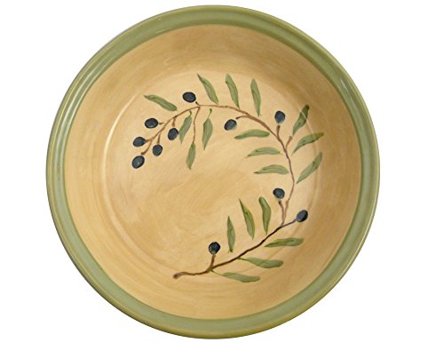American Made Terra-cotta Pottery Deep Dish Pie Plate, 9.5-inch, Mediterranean Olive Branch Motif