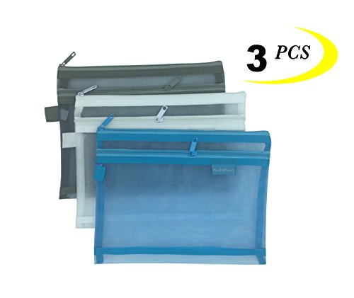 Kinhshion Zipper Pouch, Mesh Traveling Storage Bag, 3 PCS, A5 Size 8.8"×7" (Colour Random) (506)