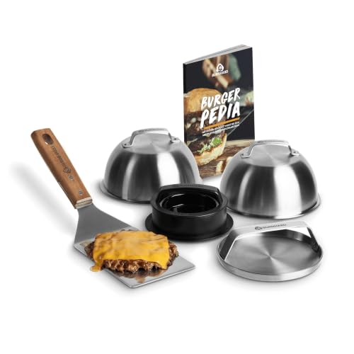 BURNHARD Burger-Set 6-TLG. inkl. Burgerpresse, Wender, Smasher, 2 Melting Domes aus Edelstahl und Rezeptheft