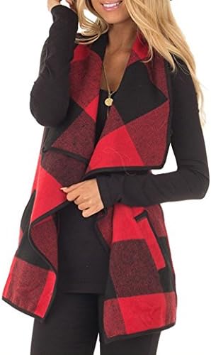 Women's Lapel Open Front Plaid Vest Sleeveless Buffalo Outerwear Cardigan with Pockets