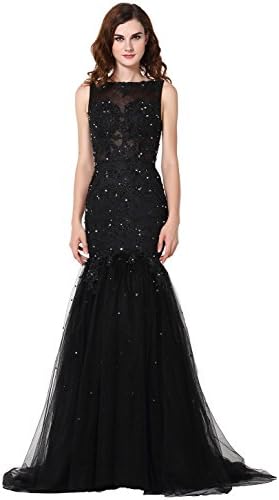 Vegeron Sexy Sheer Top Mermaid Lace Long Prom Dress for Women Formal Black Size 2