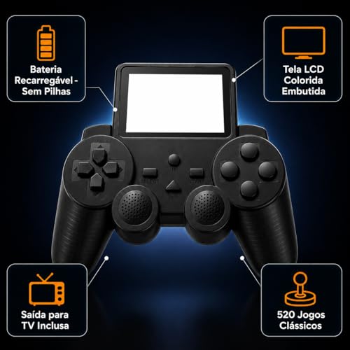 Video Game Retrô Controle Com Mais de 500 Jogos Clássicos Tela LCD Mini Console Gamepad Plug and Play Retrô | Diversão Instantânea | Preto