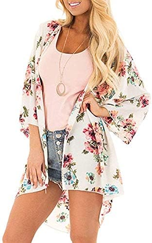 Women's Floral Print Kimonos Loose Tops Half Sleeve Shawl Chiffon Cardigan Blouses Casual Beach Cover Ups