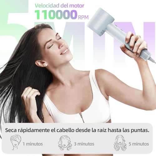 Secadora de Pelo Profesional 110000 RPM - 1500W GD029, Pantalla LCD, 3 Velocidades & 3 Temperaturas, Iones Negativos, Ligera, Concentrador Extraíble, Montaje en Pared Magnético, Blanco