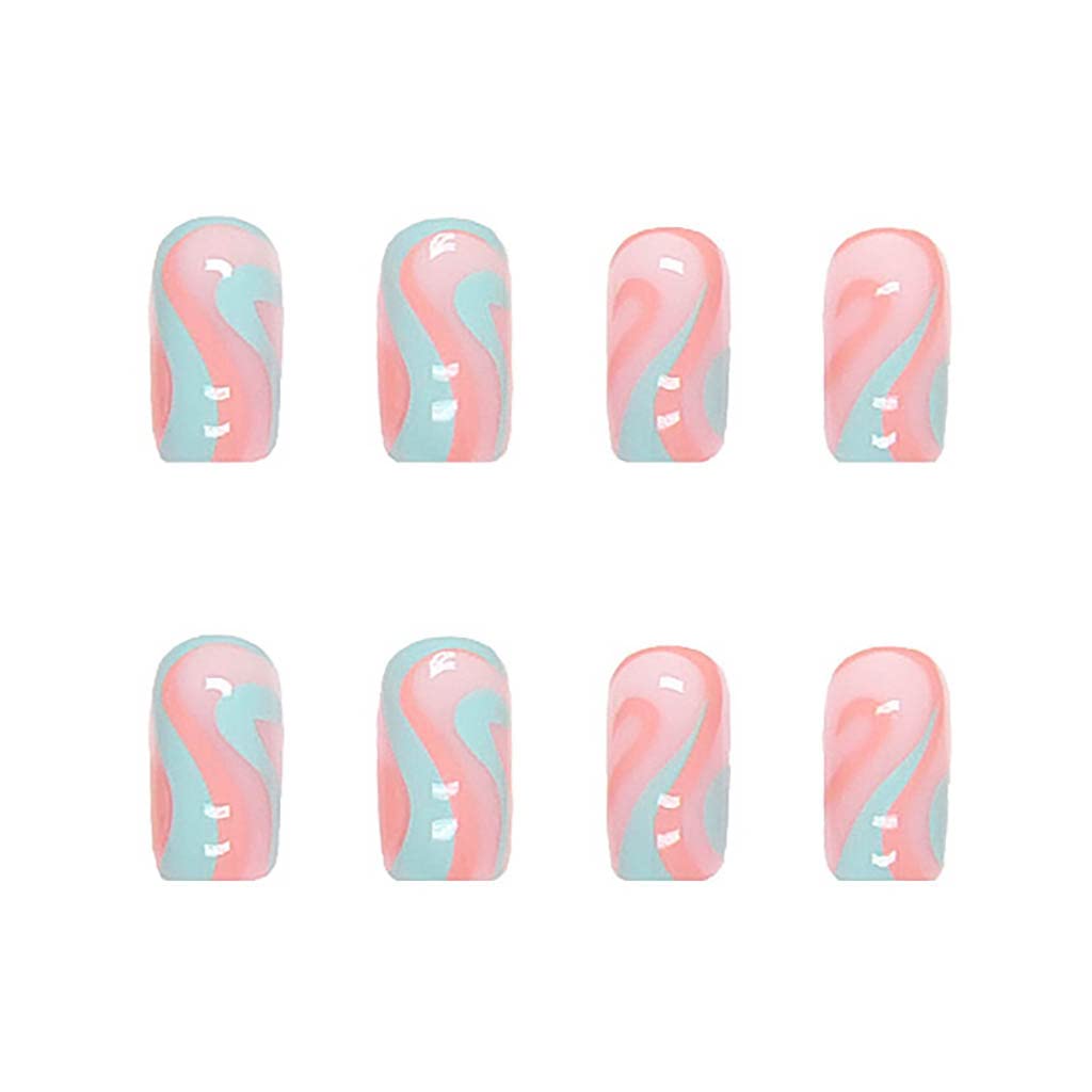RikView French Tip Press on Nails Medium Fake Nails Blue Nails for Women with Swirls Design Square Acrylic Nails - Image 2