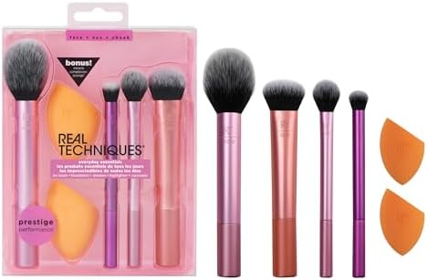 Real Techniques Everyday Essentials + Makeup Sponge Kit, 4 Makeup Brushes and 2 Makeup Blender Sponges,Blush, Bronzer, Eyeshadow, and Powder, Synthetic Bristles, Cruelty-Free, 6 Piece Set