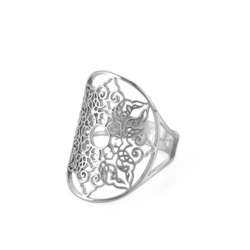 LIKGREAT Flower of Life Ring Adjustable Filigree Flower Ring Band For Women Large Hollow Finger Rings Cosplay Party Jewelry (adjustable, 314, silver tone)
