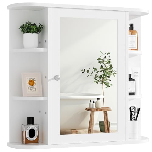 Shintenchi Bathroom Wall Cabinet with Mirror, Mounted Medicine Cabinets with 4 Internal and 6 Open Shelves, Mirrored Door Over the Toilet Storage, White