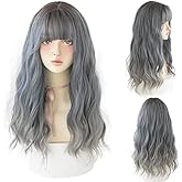 AIKO PRO Chic Korean Fashion 23 Inch Long Curly Wavy Wig Bangs, Natural Heat-Resistant Synthetic Hair Wigs with Fringe For Cosplay and Daily Wear (Gray Blue)