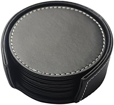 Coasters, Leather Coasters for Drinks Set of 6 Cup Mats with Holder, Protect Your Furniture from Stains, Black Round, 3.9Inch