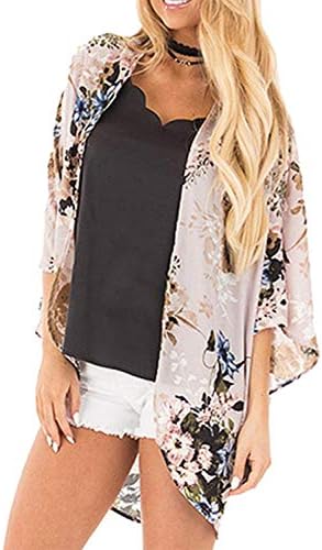 Women's Floral Print Kimonos Loose Tops Half Sleeve Shawl Chiffon Cardigan Blouses Casual Beach Cover Ups