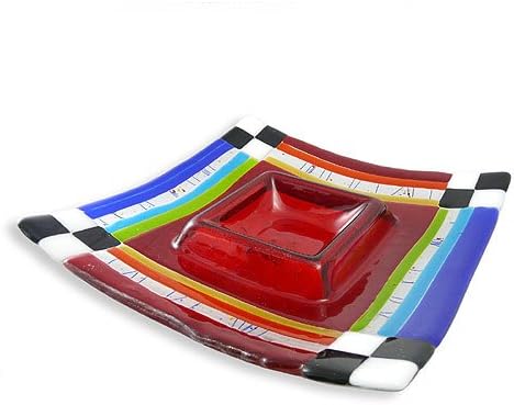 American Made Red Jubilee Fused Glass Chip and Dip Server, 11" Square