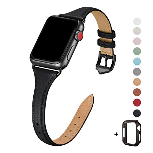 WFEAGL Leather Bands Compatible with Apple Watch 38mm 40mm 41mm 42mm 44mm 45mm, Top Grain Leather Band Slim & Thin Replacement Wristband for iWatch SE & Series 7/6/5/4/3/2/1 (Black/Black, 38mm 40mm 41mm)