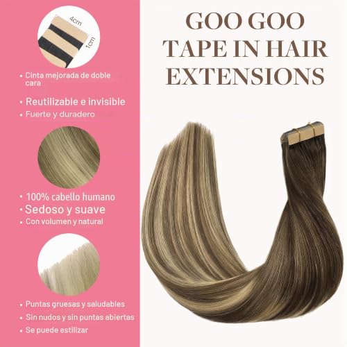 GOO GOO Adhesive Hair Extensions Natural Hair, 40 cm 10pcs 25 g Walnut Brown to Ash Brown and Whitish Blonde Hair Extensions, Remy Hair Extensions Natural Real Human Hair