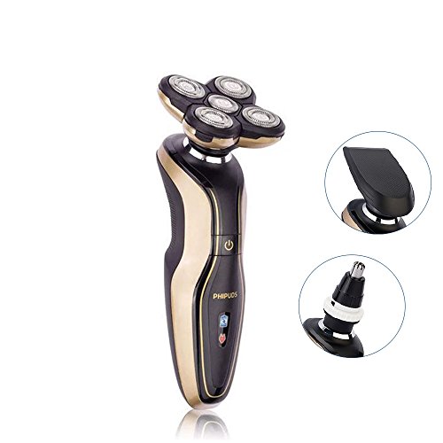 PHIPUDS Electric Shaver Wet & Dry 3 in 1 Rechargeable 5D Floating Electric Razor Bald Head Clipper with Sideburn & Nose Hair Trimmers and Charging Base Fully Washable Golden