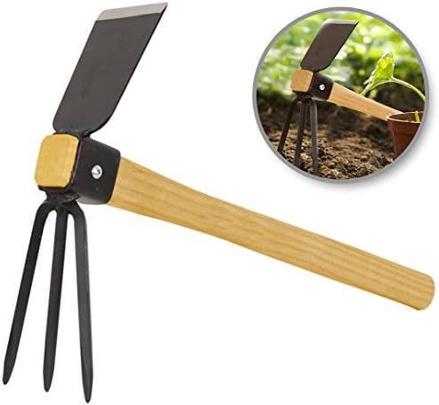 Handy CultivatorHoe | Military Grade Steel 3 Tines Mattock/Cultivator Fork Planting Head Hoe for Excellent Pulverized and Aerated Soil Vegetable Flower | 13.7 Inch Classic Wooden Handle for Firm Grip