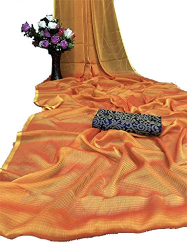 Women Fancy Zara Silk Saree With Printed Blouse Peice (Orange)