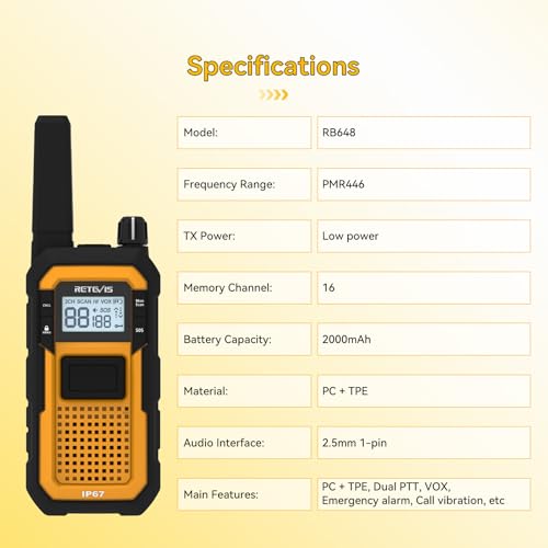 Retevis RB648 Radios, Robust Walkie Talkie, Waterproof, Dustproof, Drop-Proof, 2000 mAh Handheld Radio with 6-Way Charger, PMR446 Professional Walkie Talkie for Construction Site, for Industry (Pack of 6)