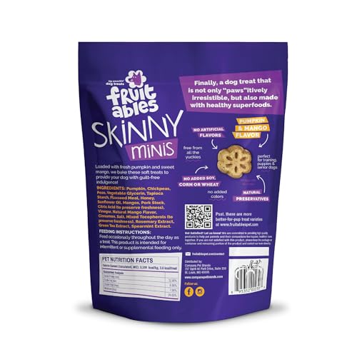 FRUITABLES SKINNY MINIS DOG TREATS, HEALTHY PUMPKIN TREAT FOR DOGS, LOW CALORIE & DELICIOUS, PUPPY TRAINING, NO WHEAT, CORN OR SOY, MADE IN THE USA, PUMPKIN AND MANGO FLAVOR, 5OZ