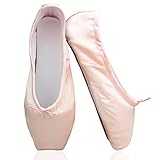 Girls Pointe Shoes Pink Ballet Shoe Leather Sole with Free Gel Silicone Toe Pads and Ribbons (US3.5 (Foot length:8.26 inch))