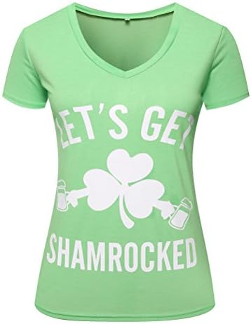 yangelo ST Patricks Day Green T Shirt Let's Get Shamrocked Women's V-Neck Tops Funny