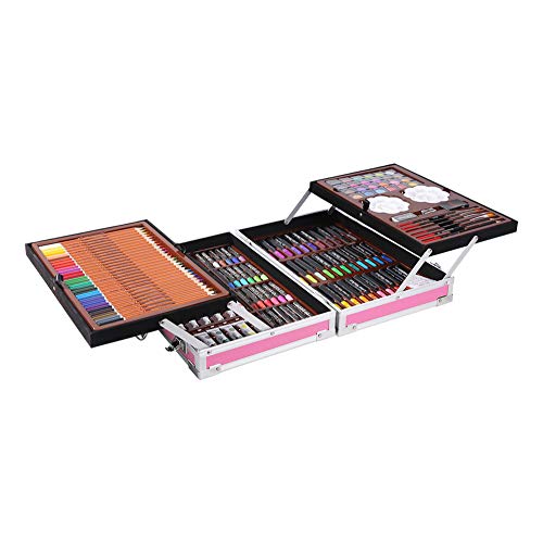 H & B Deluxe Art Set 145-Piece 2 Layers, Kids Art Supplies for Drawing, Painting, Portable Aluminum Case Art Kit for Kids, Teens, Adults Great Gift for Beginner and Serious Artists, Pink