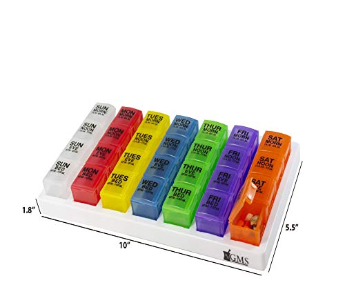 GMS 7 Day Pill Organizer Tray - Large with Removable Daily Pill Boxes with 4 Compartments Each for Storing and Organizing Prescriptions and Other Meds - Rainbow