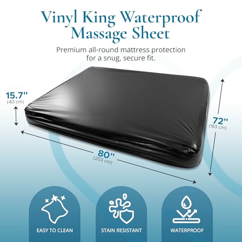 Vinyl Waterproof Fitted Sheet, King 183 x 203 cm, 40 cm Deep Pocket, Phthalate-Free Black Wipe-Clean Mattress Protector with Side Pocket & Repair Kit, for Massage Oil, Water & Silicone