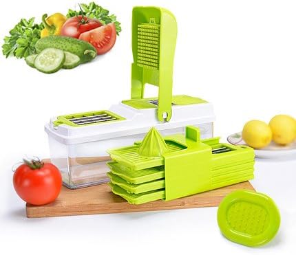 Vegetable Slicer Dicer, Mandoline Food Chopper Cuber Cutter ,10 in 1 Cheese Grater Multi Blades for Onion Potato Tomato Fruit Extra Lemon Squeezer Included,Green