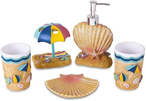 Resin Bathroom Five-Piece Bathroom Wash Bath Set Ocean Beach Wind Toothbrush & Toilet Brush Holder, Lotion Dispenser, Soap Dish