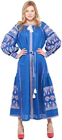 Embroidered Long Dress blue woman. Vyshyvanka Ukrainian Boho Style Dress (XXL, 140cm)