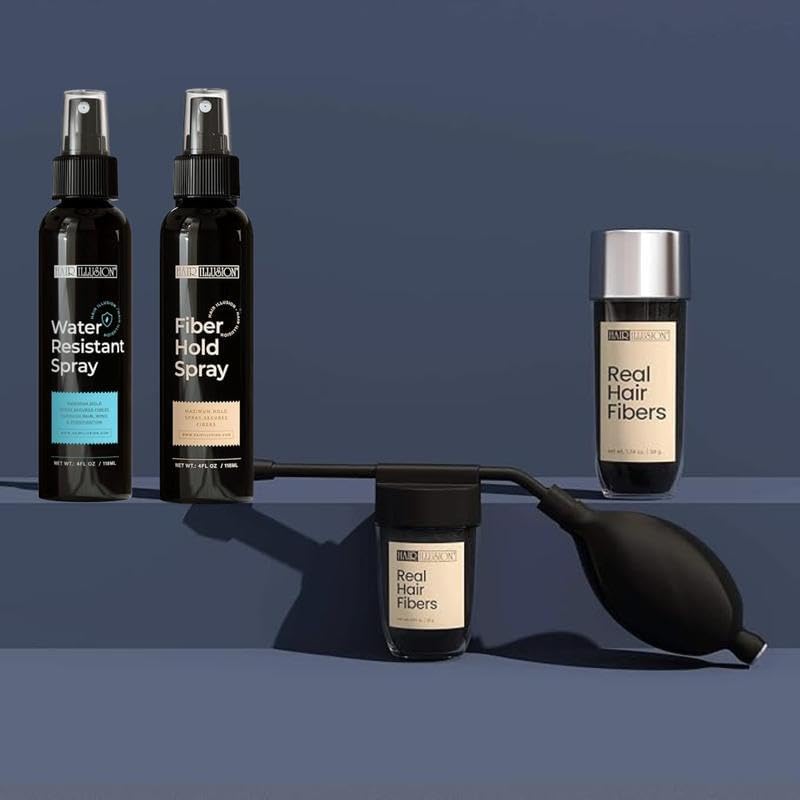 Hair Illusion 100% Real Hair Fibers Combo Kit Bundle: Hair Fibers, Hold spray, Water Spray, & Applicator for Instant Natural