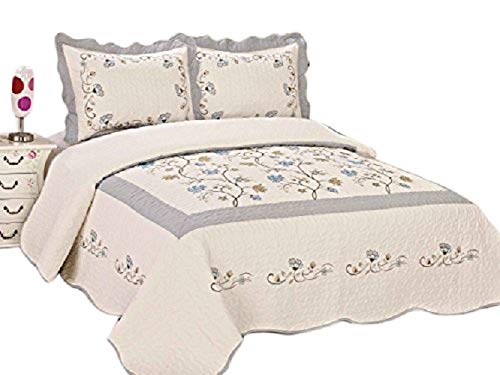 3pcs High Quality Fully Quilted Embroidery Quilts Bedspread Bed Coverlets Cover Set , Queen King (Beige/Grey)