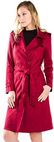 FANCO Women's Duster Coat Faux Suede Lapel Double Breasted Trench Coats With Belts (M, Wine)
