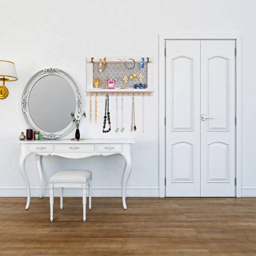 ASHLEYRIVER Wall Mounted White Wood Jewelry Organizer Holder with Hooks