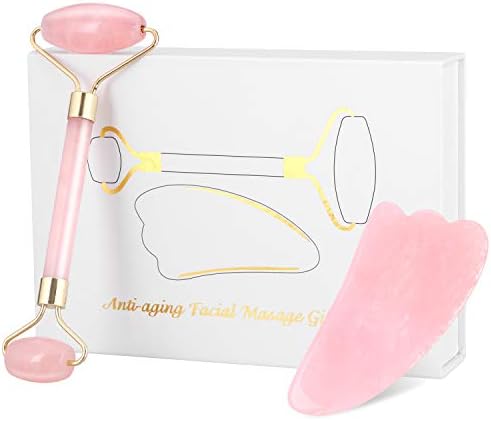 Rose Quartz Jade Roller And Gua Sha Tools Set For Face - 100% Natural Pink Gemstone Facial Roller Massage Anti Aging and Anti Wrinkle - Double-end Slimming Beauty Tool
