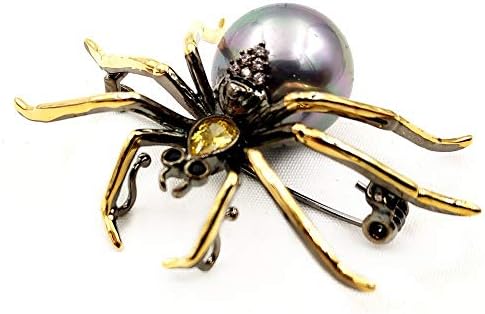 Elegant Golden Legged Yellow Head Black Mother of Pearl Spider Brooch Pin Creep Insect Jewelry