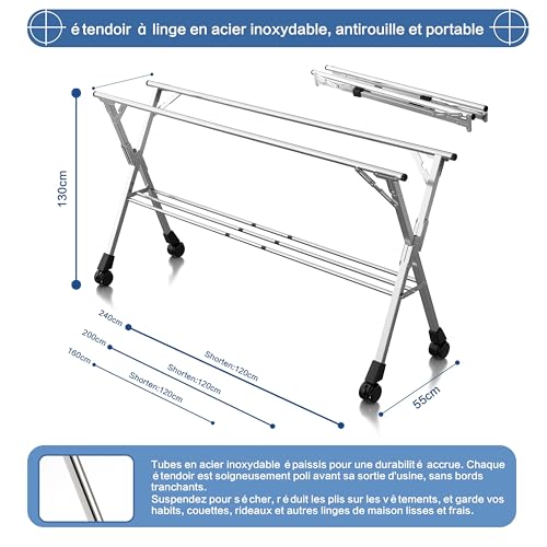 Kiseely Séchoir à Linge Pliable 240 cm intérieur extérieur, séchoir à vêtements en Acier Inoxydable résistant, Porte-vêtements avec 20 Crochets Coupe-Vent et 12 Pinces (240cm)