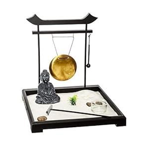 ZEN Garden Set: Buddha on wooden tray with gong, 2 candleholders, flower and plant, sand and pebbles etc…